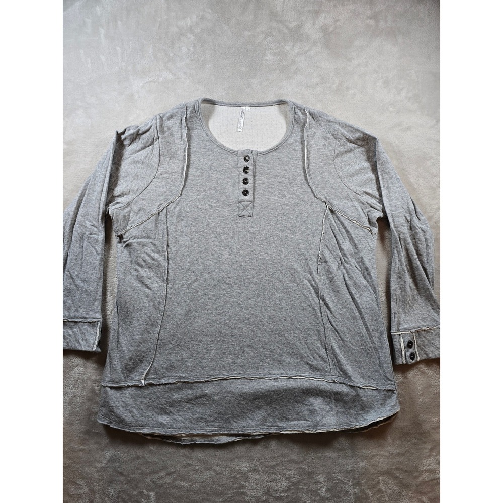 Lulu B Womens 1X Shirt Gray Long Sleeve Henley Top Raw Hem Tunic Comfy